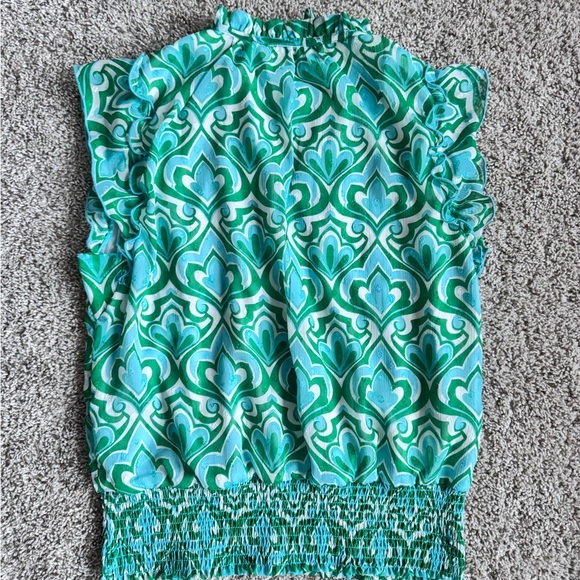 Womens colorful top Green & Blue Geometric Print Ruffle Blouse – Size Medium - Picture 6 of 6